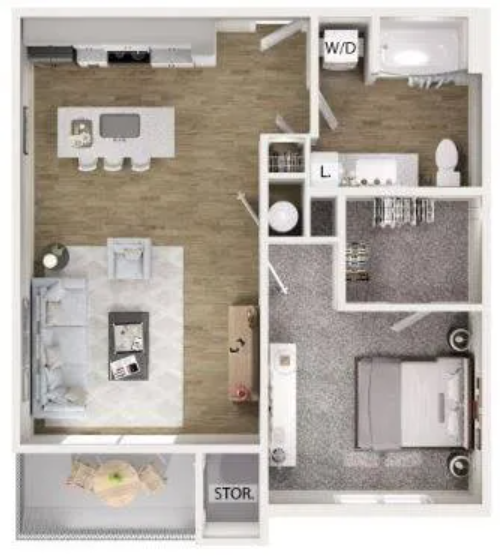 Floor plan for 1 bed, 1 bath, 714 sqft